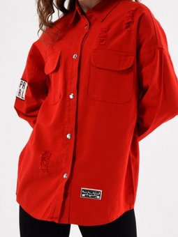 Kırmızı Boydan Çıtçıtlı Çift Cepli Yıpratma Detaylı Kot Ceket