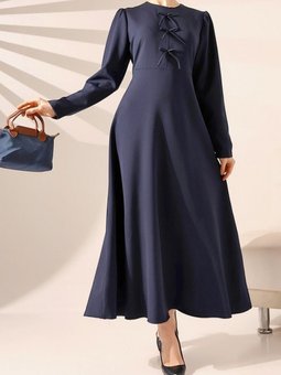 Lacivert Kurdele Detaylı İthal Krep Elbise