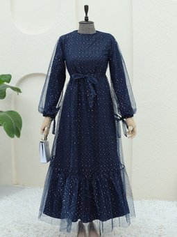 Lacivert Serpme Pul Detaylı Kolu Bağcıklı Tül Abiye Elbise