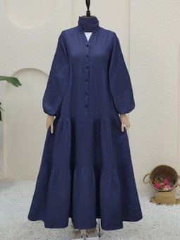 Lacivert Yarım Düğmeli Parçalı Müslin Elbise