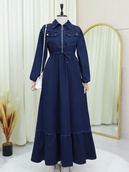 Lacivert Yarım Fermuarlı Tünel Bağcıklı Kolu Lastikli Kot Elbise