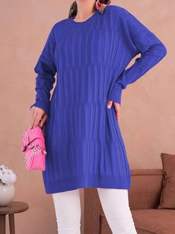 Saks Mavisi Yuvarlak Yaka Kalın Çizgili Salaş Triko Tunik