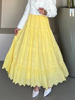 Sarı Uzun Fisto İşlemeli Katlamalı Etek
