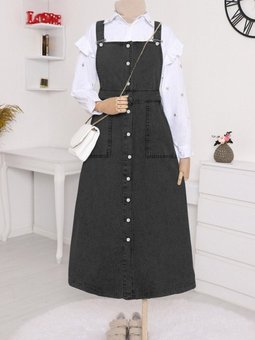 Siyah Boydan Düğmeli Çift Cepli Kot Salopet