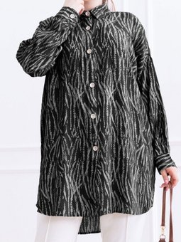 Siyah Çizgi Desenli Boydan Düğmeli Viskon Tunik