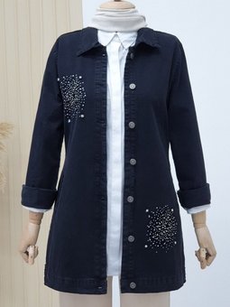 Siyah Önü Taş Detaylı Çift Cepli Kot Ceket