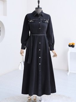 Siyah Taş Detaylı Boydan Düğmeli Kot Elbise