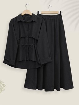 Siyah Top Düğmeli Kemerli Etekli Ayrobin İkili Takım