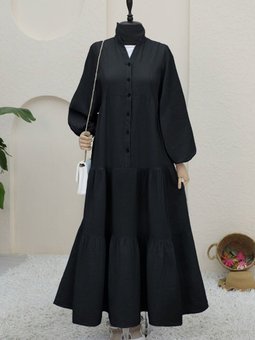 Siyah Yarım Düğmeli Parçalı Müslin Elbise