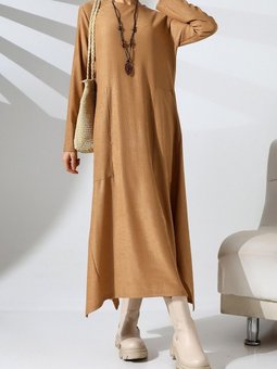 Taba Yuvarlak Yaka Çift Cepli Asimetrik Kesim Tunik Elbise