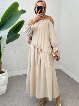 Taş Çapraz Tünel Bağcıklı Uzun Keten Elbise