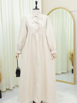 Taş Yarım Patlı Bağcıklı Kolu Lastikli Müslin Elbise