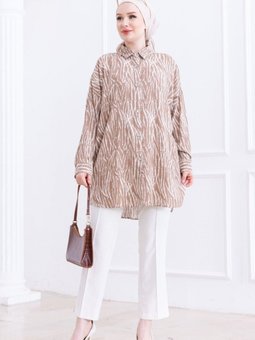 Vizon Çizgi Desenli Boydan Düğmeli Viskon Tunik