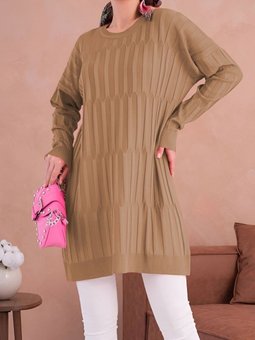 Vizon Yuvarlak Yaka Kalın Çizgili Salaş Triko Tunik