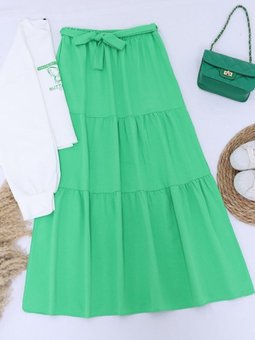 Yeşil Baskılı Eteği Parçalı Kuşaklı İkili Takım