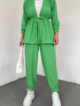 Yeşil Beli Bağlamalı Lastikli İkili Keten Takım