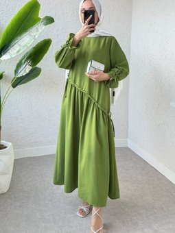 Yeşil Çapraz Tünel Bağcıklı Uzun Keten Elbise