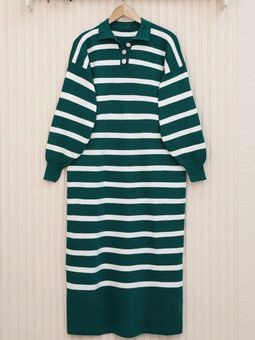 Zümrüt Yeşili Polo Yaka Düğmeli Triko Elbise