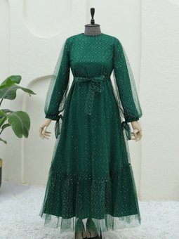Zümrüt Yeşili Serpme Pul Detaylı Kolu Bağcıklı Tül Abiye Elbise