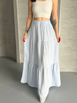 Açık Mavi Uzun Büzgülü Katlı Müslin Kumaş Etek