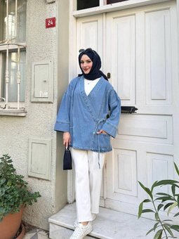 Açık Mavi Yan Bağlama Oversize Kot Ceket