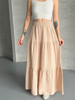 Bej Uzun Büzgülü Katlı Müslin Kumaş Etek