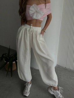 Beyaz Müslin Kumaş Oversize Şalvar Pantolon