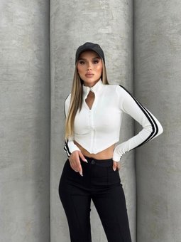 Beyaz Ottoman Kumaş Şerit Kol Fermuarlı Crop