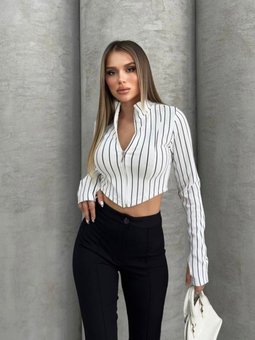 Beyaz Ottoman Parmak Geçmeli Çizgili Crop