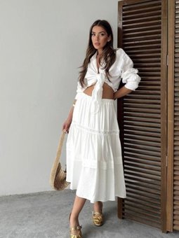 Beyaz Uzun Fisto Şeritli Bol Bel Lastikli Etek