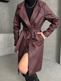 Bordo Kuşaklı Düğmesiz Suni Deri Uzun Trençkot