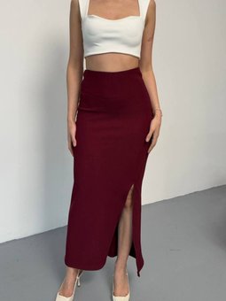 Bordo Uzun Ottoman Kumaş Yırtmaçlı Etek