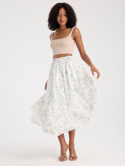 Ekru Uzun Çiçek Desen Astarlı Etek