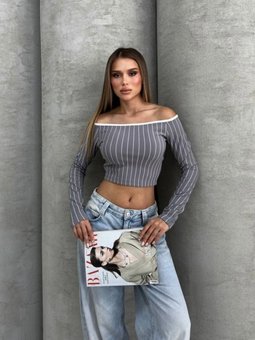 Gri Çizgili Ottoman Kumaş Madonna Crop