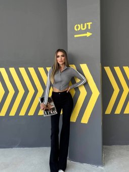 Gri Ottoman Kumaş Şerit Kol Fermuarlı Crop