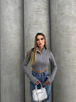 Gri Ottoman Parmak Geçmeli Çizgili Crop