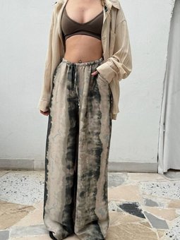 Haki Desenli Saten Oversize Bol Pantolon