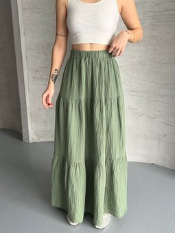 Haki Uzun Büzgülü Katlı Müslin Kumaş Etek