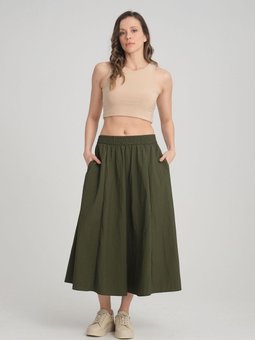 Haki Uzun Paraşüt Kumaş Bol Kesim Etek