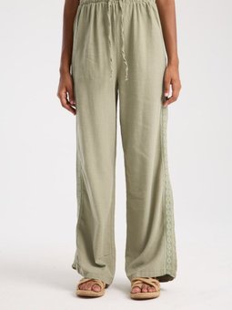 Haki Yan Etnik Desenli Oversize Keten Pantolon