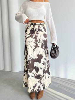 Kahve Desenli Uzun Saten Etek