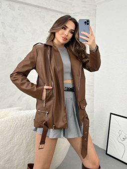 Kahve Oversize Uzun Suni Deri Ceket