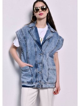 Kot Mavi Kruvaze Yakalı Oversize Yelek