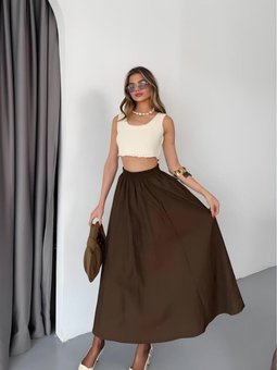 Koyu Kahve Uzun Paraşüt Kumaş Bol Kesim Etek