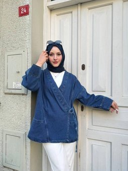 Koyu Mavi Yan Bağlama Oversize Kot Ceket