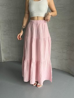 Pembe Uzun Büzgülü Katlı Müslin Kumaş Etek