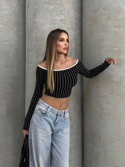 Siyah Çizgili Ottoman Kumaş Madonna Crop