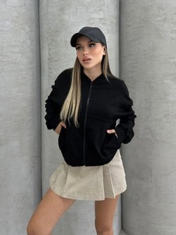 Siyah Modal Kumaş Fermuarlı Bomber Sweatshirt