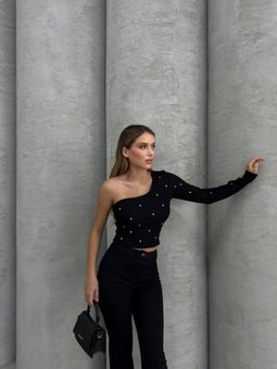 Siyah Ottoman Kumaş Tek Omuz Taşlı Crop