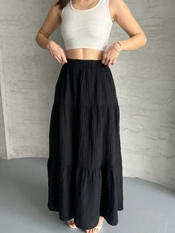 Siyah Uzun Büzgülü Katlı Müslin Kumaş Etek